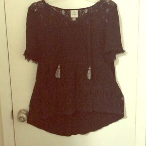 Very cute black lace top with fringed sleeves